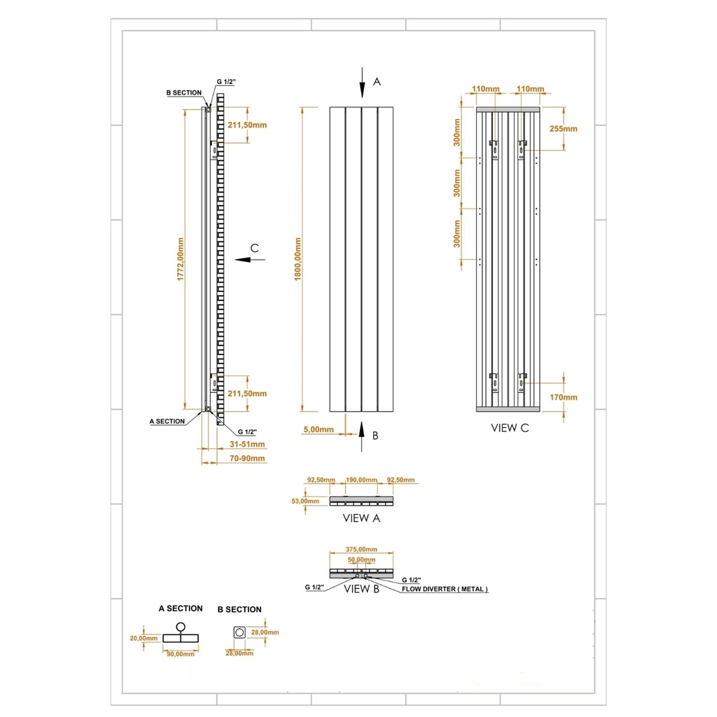 [20434029] Drama Aluminium Radiator 37,5x180 cm Mat Wit 375
