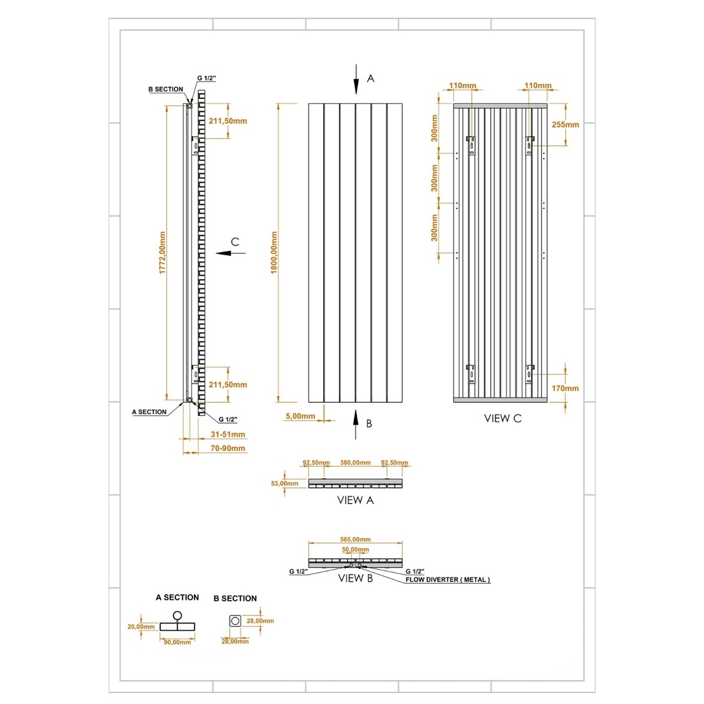 [20434034] Drama Aluminium Radiator 56,5x180 cm Mat Zwart 565