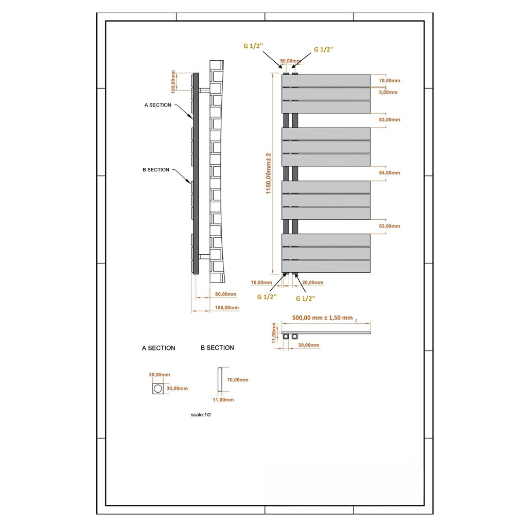 [20414000] Mastika Design Handdoekradiator 50x115 cm Mat Wit 500